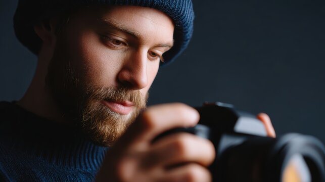 Photographer adjusting camera settings in studio