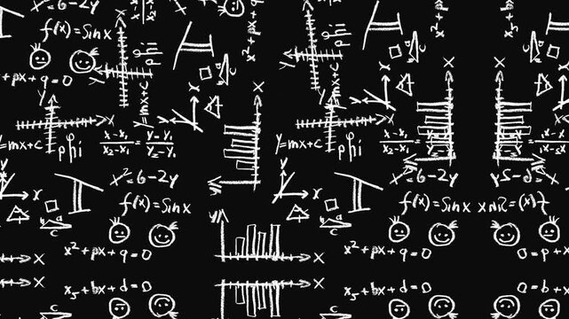 grunge animated math formulae isolated on black background, mathematics complex formula and geometry shape animation