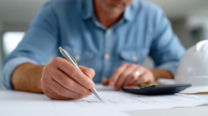 Engineer reviewing construction plans and blueprints with calculator and pen
