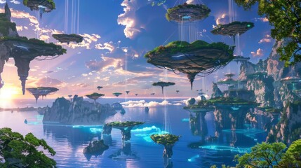 Floating Island in the Sky: A breathtaking view of futuristic floating islands, lush with vibrant flora and tranquil atmosphere, set against a backdrop of serene waters and a clear sky.