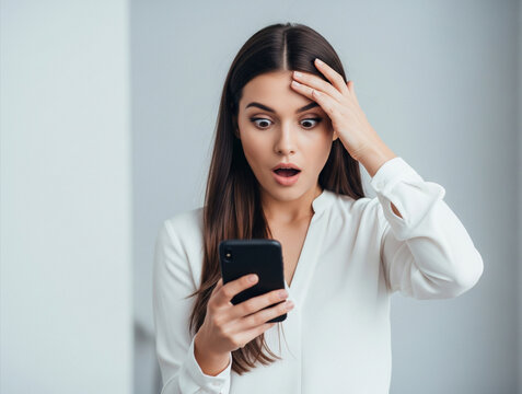 Her face is filled with astonishment as she gazes at her phone, reacting spontaneously to something surprising.