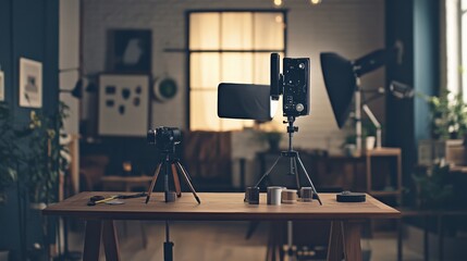 Professional camera equipment setup in creative photography studio environment with tripods lighting and backdrop scene