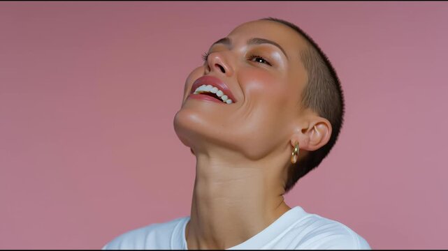 a radiant 40-year-old Hispanic woman with a shaved head, joyful expression and subtle wrinkles around her eyes, emphasizing her resilience as a cancer survivor. High quality 4k footage