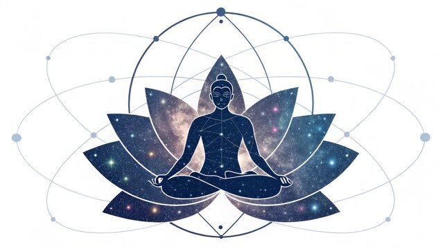 Silhouette of a meditating person in lotus position with galaxy fill and geometric shapes on white
