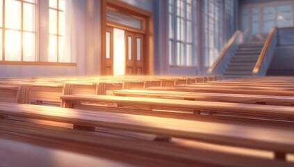 A hall with rows of wooden benches bathed in golden sunlight filtering through large windows, leading toward a door and staircase. Light creates a warm and inviting atmosphere