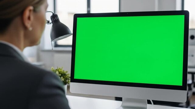 A business woman working in an office, looking at a desktop computer with a blank green screen for mockup and copy space.