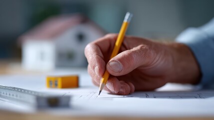 Hand holding pencil over house blueprint with measuring scale and eraser nearby