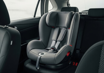 Modern grey baby car seat installed in the back seat of a passenger vehicle for child safety