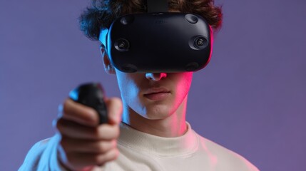 Gamer immersed in virtual reality experience wearing headset and hand controllers