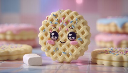 Round cookie with sprinkles, animated eyes, and rosy cheeks, surrounded by more cookies and a marshmallow, set against a pastel tile background