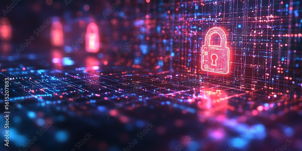 Poster conceptual illustration of secure tech networks with digital padlocks, showcasing data security, net