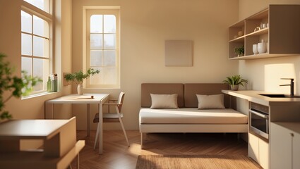 Cozy and functional interior of a small studio apartment or dorm room with Scandinavian-style wooden furniture, featuring a daybed and integrated desk