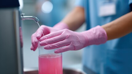 Close-up of healthcare worker is hands sanitizing equipment in a hospital environment