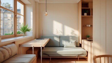 Cozy and functional interior of a small studio apartment or dorm room with Scandinavian-style wooden furniture, featuring a daybed and integrated desk