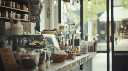 Cozy cafe interior with pastries and coffee on display shelves under sunlight in warm friendly shop setting
