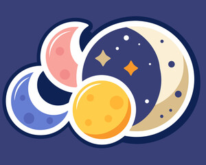 Colorful moon phases and stars illustration on dark blue background
