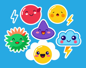 Naklejka premium Cute Kawaii Weather and Nature Elements Cartoon Stickers Set
