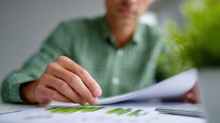 Business professional analyzing green strategies and sustainability reports at desk