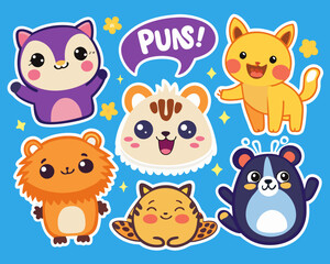 Cute Animal Puns Cartoon Characters Vector Illustration on Blue Background