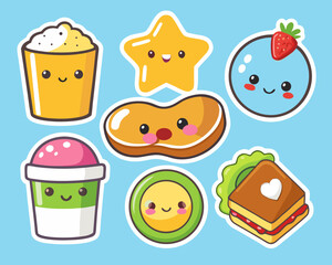 Cute Kawaii Food Sticker Set on a Light Blue Background