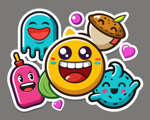 Collection of cute cartoon stickers with happy expressions and shapes