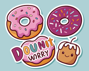 Cute Donut and Pastry Stickers on Light Blue Background