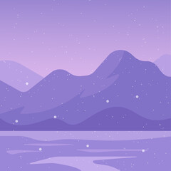 Flat vector winter landscape with snowy hills, frozen lake, and distant mountains under falling snow. Minimal and tranquil night scene in purple tones, ideal for seasonal backgrounds and web design.