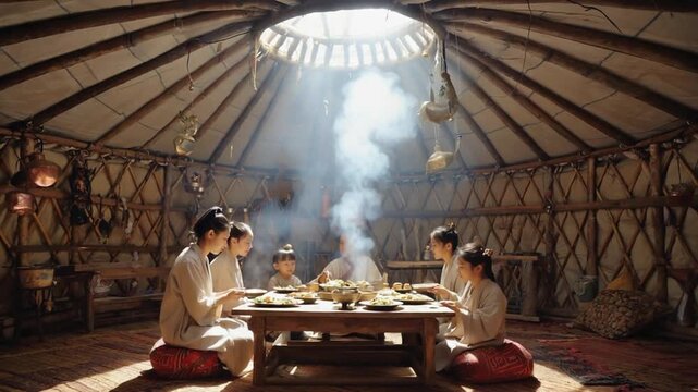 Family in a yurt.