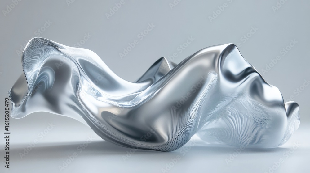 Poster shiny silver metallic abstract fabric shape floating in minimalist white background with futuristic 