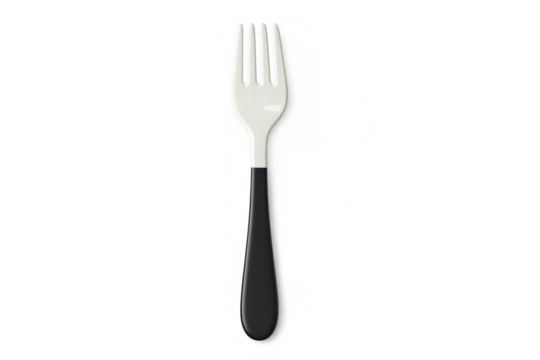 Vector illustration depicting kitchen utensil with black handle and white tines, isolated on transparent background, ideal for culinary graphic projects
