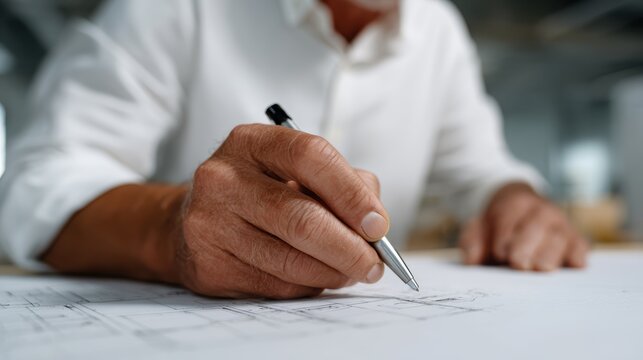 Professional sketching interior layout plans with fine tip pen on large drafting paper