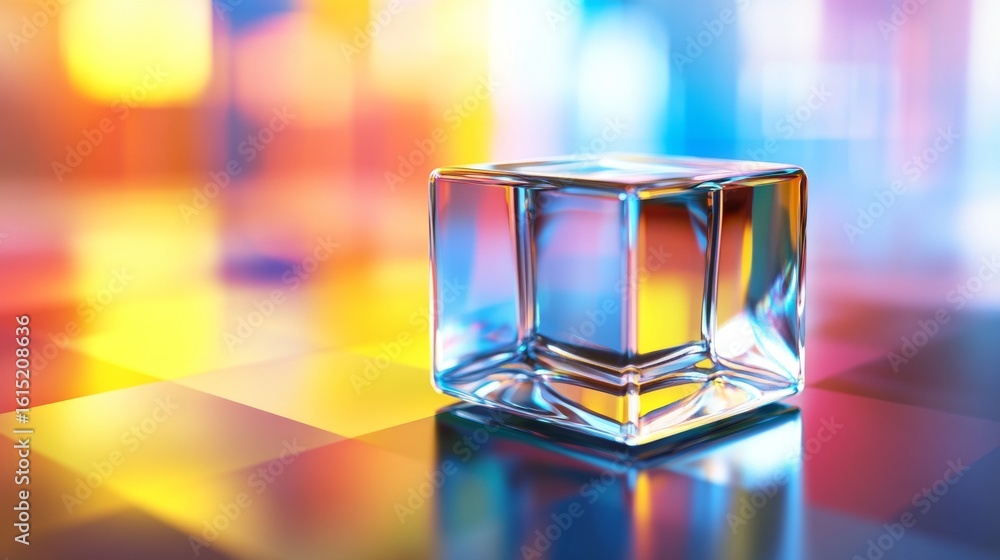 Poster colorful cube crystal illuminated with light reflections on abstract background creating vibrant fut