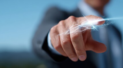 Executive pointing at digital screen showing roadmap for sustainable business future