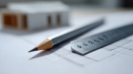 Close-up of pencil drawing architectural elevation plan with ruler and scale tool