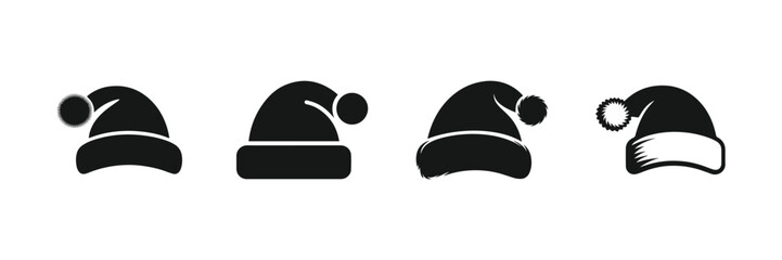 Set of red Christmas hats, Black Silhouette Vector Illustration.