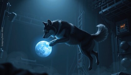 A digital cat on the moon harnesses x-ray energy, conceptualizing global technology and the power of the human brain