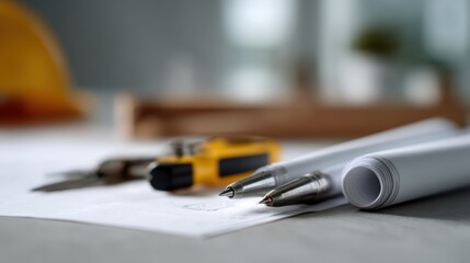Close-up of technical architectural drawings spread out on office desk with tools