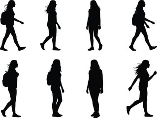 Collection of Walking Female Silhouettes: Representing Students, Travelers, and Everyday Commuters, Ideal for Education, Journey, or Lifestyle Themes.