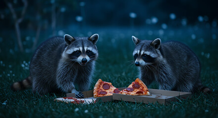 Two raccoons sharing pepperoni pizza outdoors at night; whimsical, nocturnal wildlife scene.