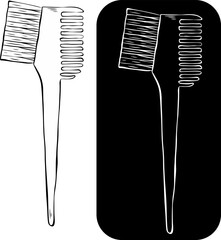 Hair coloring brush with comb Isolated logo. Vector graphic line ink illustration. Black wide hair dye brush isolated on white background. Tool for hairdressing salon, hair care.