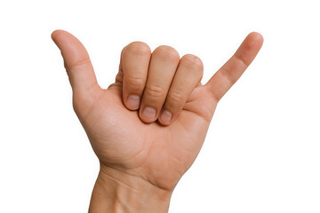 A close-up of a hand showing a shaka sign, symbolizing friendship and positivity.