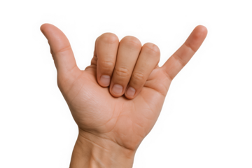 A close-up of a hand showing a shaka sign, symbolizing friendship and positivity.