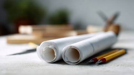 Architectural plans and construction documents rolled up next to drafting tools