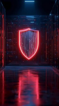Cybersecurity Breach Warning in Server Room with Glowing Shield