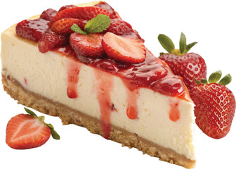 A mouthwatering slice of strawberry cheesecake with a golden biscuit crust