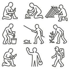 Bushcraft Silhouette Icons. Outline style icons of Survival and Bushcraft Silhouette: carving stick pose, fire-starting figure,