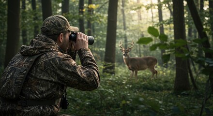 Hunter in camouflage watching a large buck deer through binoculars in a misty green forest
