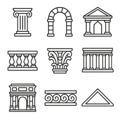 Fototapeta premium Classical Architecture Icons. Outline style icons of Classical Architecture: Greek column, Roman arch, temple pediment, stone