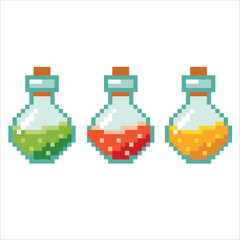 Potions. Medicines. Bottles of different colors. Game elements. Environment for Retro 8 bit icons for old school platformer video game. Pixel art. Vector illustration isolated on white background.