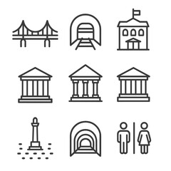 Public Infrastructure Icons. Outline style icons of Public Infrastructure: bridge structure, metro station, city hall building,